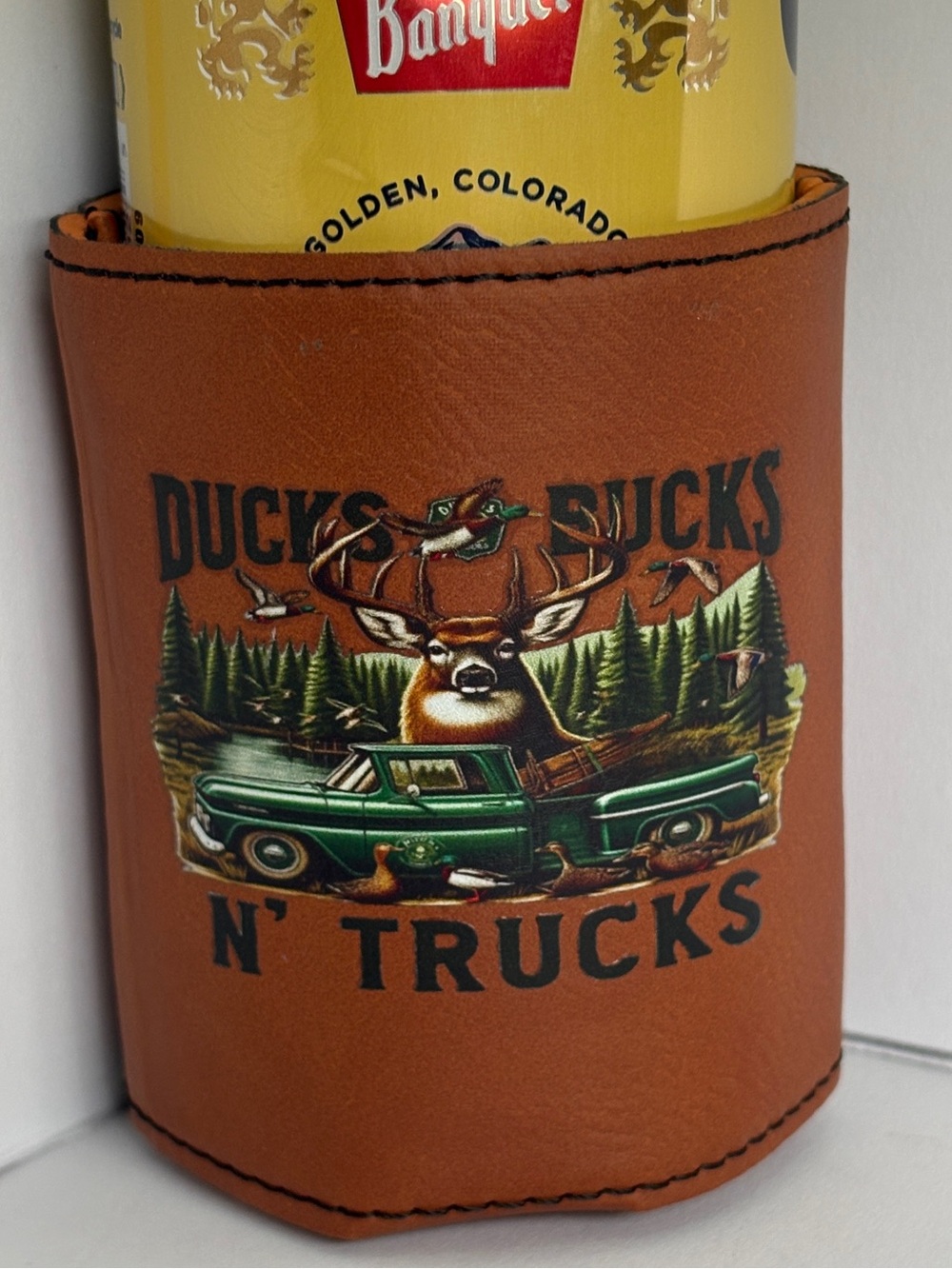 Leather Can Cooler Koozie | DUCKS, BUCKS ‘n TRUCKS on one side (NEW)